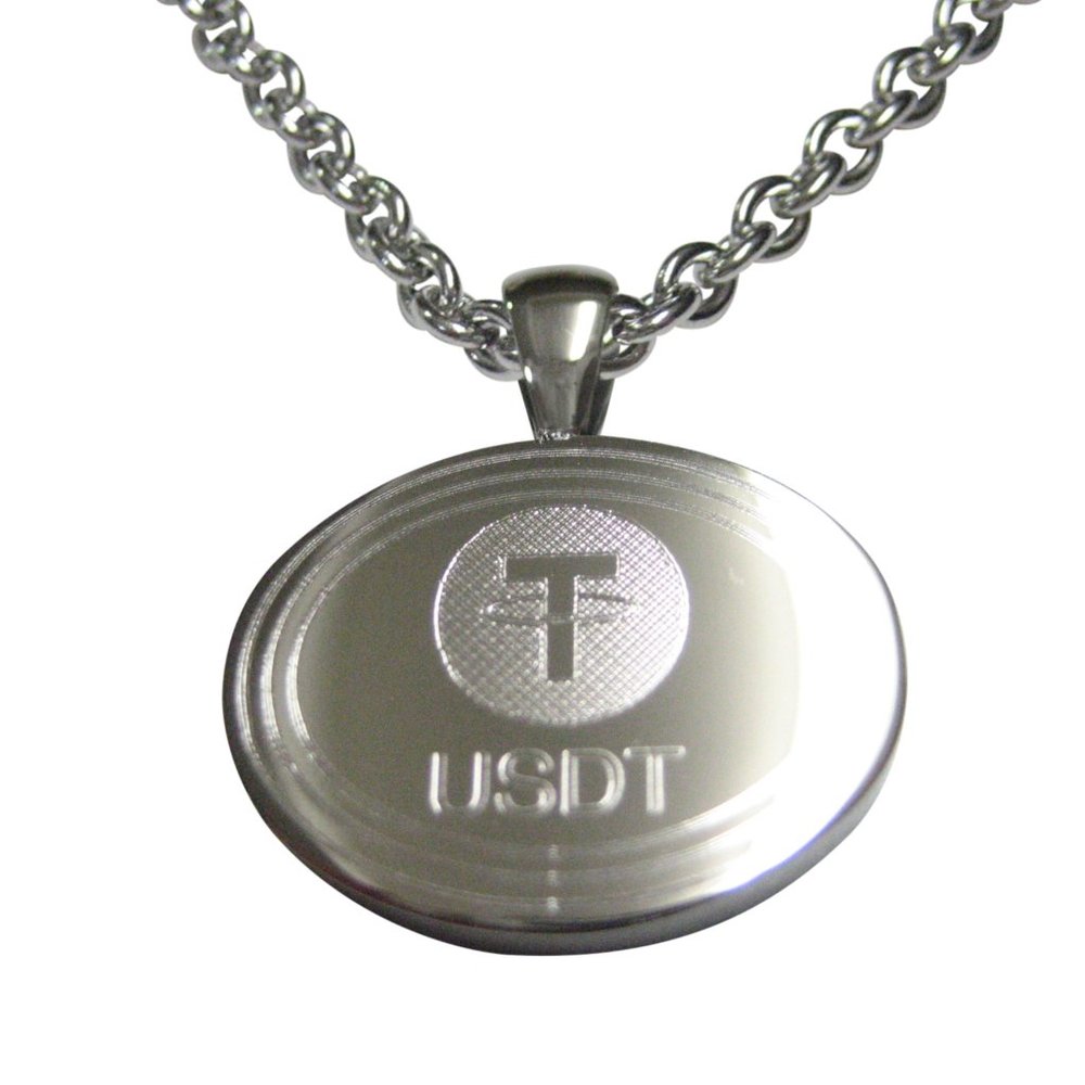 Silver Toned Oval Etched Tether Coin Cryptocurrency Blockchain Pendant Necklace